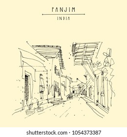 Panjim, India. Street in old town. Portuguese colonial style buildings.  Hand drawn cityscape. Quick travel sketch. Vintage artistic postcard, poster template. Vector illustration