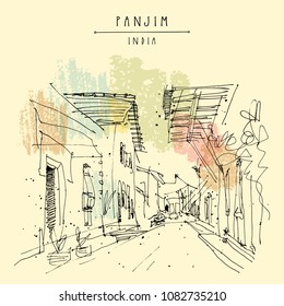 Panjim, India. Street in old town. Portuguese colonial style buildings.  Hand drawn cityscape. Quick travel sketch. Vintage artistic postcard, poster template. Vector illustration