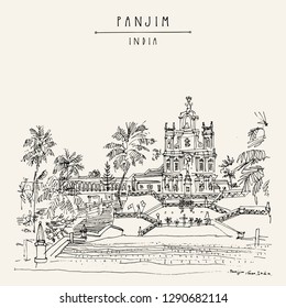 Panjim (Panaji), Goa, India. Our Lady of The Immaculate Conception Catholic church. Portuguese colonial style building. Hand drawn cityscape. Travel sketch. Vintage artistic postcard. Vector 