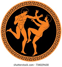 Pankration, Wrestling And Boxing Fighters, Ancient Greece Martial Art And Combat Sport Circle Form Vector Illustration In Red Figure Ceramic Vase Painting Style