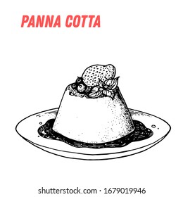 Panna cota sketch. Italian dessert vector illustration. Italian sweet hand drawn sketch.  Vintage design template.