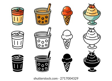 Panna cotta, té de burbuja, cono de helado, diseño de elemento de símbolo de icono de postre de helado con estilo colorido, contorno y sólido. Bebidas de postre, Postres congelados, Bebidas dulces, Golosinas heladas