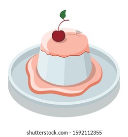 Panna Cotta with cherry. Icon. Isometric vector illustration.
