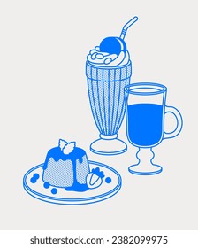 Panna Cotta with a cup of coffee and a milkshake. Line art, retro. Vector illustration for bars, cafes, and restaurants.