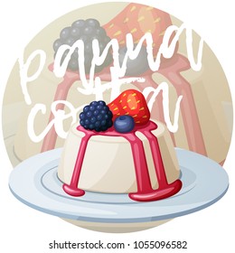 Panna cotta dessert with berries icon. Cartoon vector illustration on gradient background