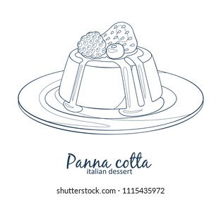 Panna cotta dessert with berries icon. Hand drawn vector illustration black and white colors