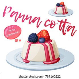 Panna cotta dessert with berries icon. Cartoon vector illustration isolated on white background. Series of food and drink and ingredients for cooking