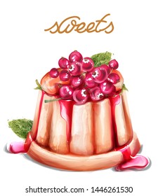 Panna cotta dessert with currant fruits Vector watercolor. Summer desserts vintage style