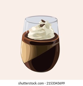 Panna cotta dessert in glass with coffee and chocolate cream. Traditional Italian desert, vector illustration in cartoon style.