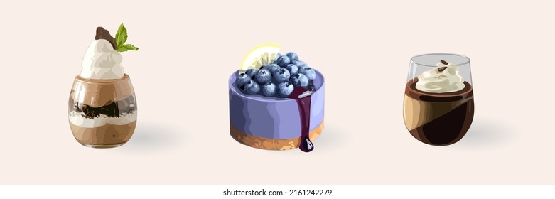 Panna Cotta desserts set. Realistic vector illustrations isolated.