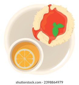 Vector isométrico del icono de panna cotta. Cata de panna con mermelada de fruta y té de limón. Postre, desayuno, concepto de comida