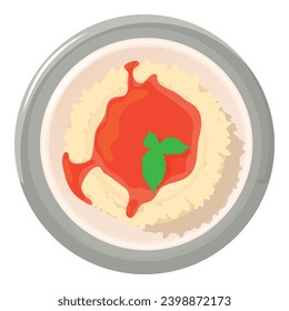 Vector isométrico del icono de panna cotta. Panna cotta con un icono de mermelada de fruta y hoja de menta. Postre, desayuno, comida dulce, vista superior