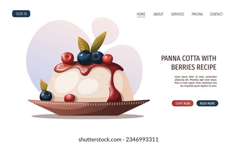 Panna cotta, Italian cake with berries. Italian dessert, sweet food, bakery, cooking, recipes, restaurant menu concept. Vector illustration.