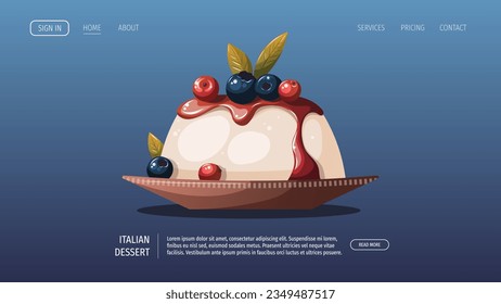 Panna cotta, Italian cake with berries. Italian dessert, sweet food, bakery, cooking, recipes, restaurant menu concept. Vector illustration.