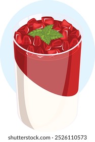 Panna Cotta mit Granatapfelsirup und Arillen aus Hochglas mit Minzblättern. Italienische Dessert-Illustration 