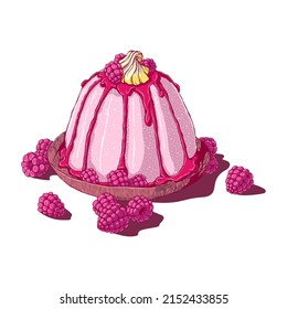Panna cotta with raspberry. Hand drawn vector illustration in cartoon style. Isolated on white background. Italian dessert.