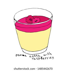 Panna cotta with raspberry, Italian dessert on white background. Ready illustration for greeting cards, posters, stickers, Souvenirs, notebooks, calendars and design.Hand-drawn. Cartoon style. Vector
