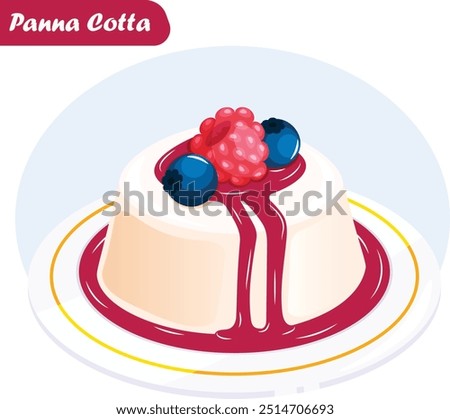 Panna Cotta with Raspberry Puree and Blueberry Toppings - Authentic Italian Dessert Vector Art 