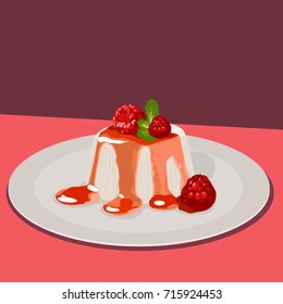 Panna Cotta with raspberry sauce on plate. Vector illustration. Tasty and delicious dessert.