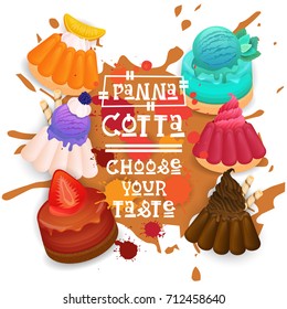 Panna Cotta Set Desserts Collection Colorful Icon Choose Your Taste Cafe Poster Vector Illustration