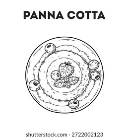 Panna-Cotta-Skizze. Vektorgrafik. Italienisches Essen. Italienische Küche. Handgezeichnet. Draufsicht. Keine KI erzeugt.