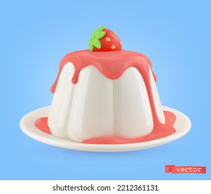 Panna cotta with strawberry 3d vector icon