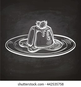 Panna cotta with strawberry. Sketch with chalk on blackboard background. Hand drawn vector illustration. Retro style.