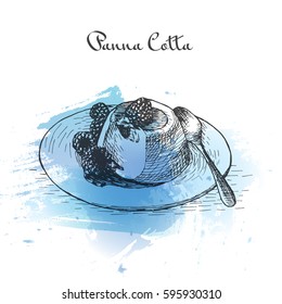 Panna Cotta watercolor effect illustration. Vector illustration of Italian cuisine.