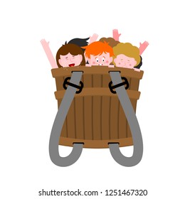 Pannier with naughty children. Bad kids in box. Krampus Basket  
