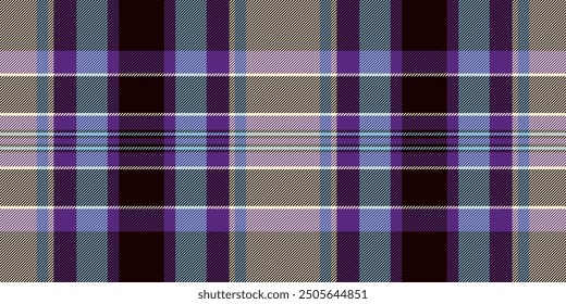 Pano check background seamless, fiber fabric tartan texture. Buffalo vector plaid pattern textile in black and violet colors palette.