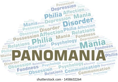 Panomania word cloud. Type of mania, made with text only.