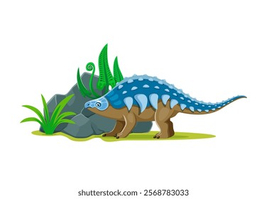 Panoplosaurus cartoon prehistoric dinosaur character. Isolated vector blue and brown well-armored herbivore dino lizard with spikes, standing beside rocks and plants in a prehistoric nature landscape