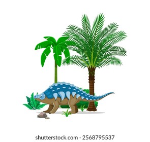 Panoplosaurus prehistoric dinosaur cartoon character. Isolated vector blue and brown well armored herbivore dino lizard with spikes, standing beside palm trees in a lush prehistoric nature landscape