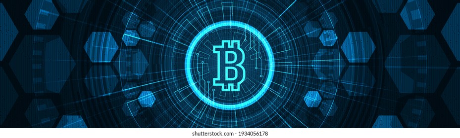 Panorama Abstract Digital Bitcoin Crypto Currency on Technology background, Blockchain and Finance concept,Vector.