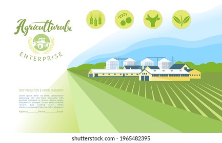 Panorama of an agricultural complex with an emblem and agricultural icons