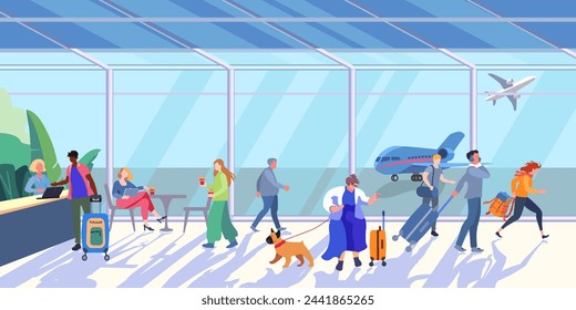 Panorama de la sala del aeropuerto. Gente esperando un vuelo en avión. Mujer con sobrepeso con un perro y equipaje. Mostrador de facturación de vuelos. Ilustración vectorial plana para banner, póster y publicidad