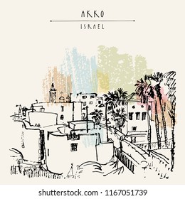 Panorama of Akko, Israel. Vintage artistic hand drawn postcard template in vector