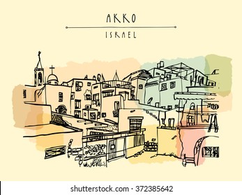Panorama of Akko, Israel. Vintage artistic hand drawn postcard template in vector