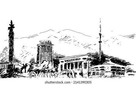 Panorama of Almaty city in Kazakhstan historical monuments. Sketch graphics vector illustration
