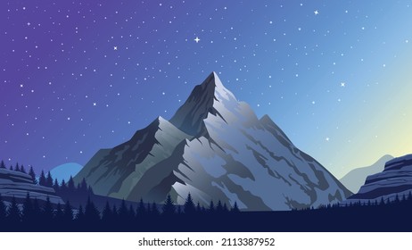 Panorama of Amazing nature. Beautiful view on a peak mountains.   Mountain, forest and Starry sky. Vector illustration.