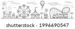 Panorama of an amusement park with a ferris wheel, circus, rides, balloon, bouncy castle. Landscape of urban park. Contour line art vector illustration