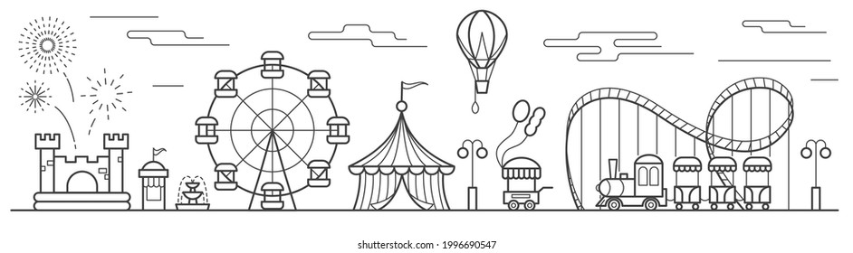 Panorama of an amusement park with a ferris wheel, circus, rides, balloon, bouncy castle. Landscape of urban park. Contour line art vector illustration