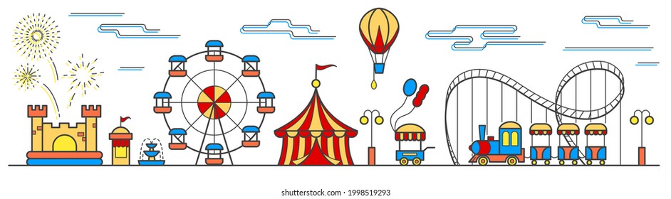 Panorama of an amusement park with a ferris wheel, circus, rides, balloon, bouncy castle and food cart. Landscape of urban park. Vector illustration on white background