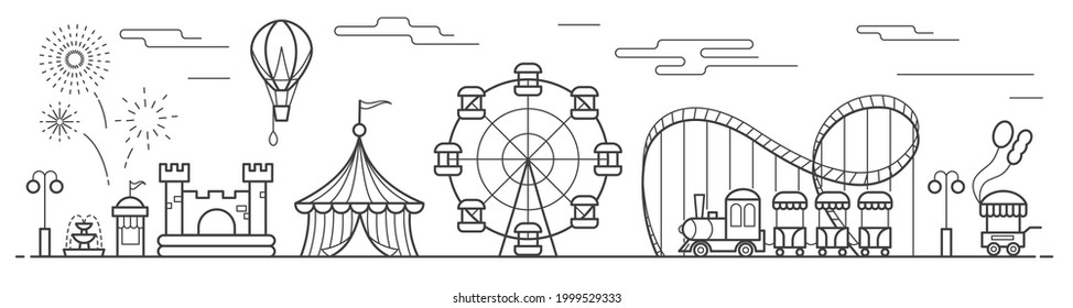 Panorama of an amusement park with a ferris wheel, circus, rides, balloon, bouncy castle. Landscape of urban park. Outline vector illustration