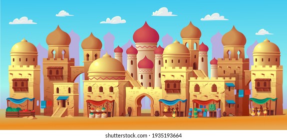 Panorama Of Ancient Arab City With Houses And The Arab Market. Vector Illustration In Cartoon Style.