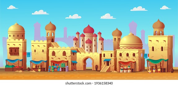 Panorama of ancient arab city with houses and the Arab market. Vector illustration in cartoon style for children. Background for games and mobile applications.