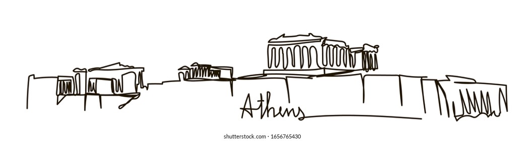 Panorama of Athens with Acropolis hill, Greece. One line style. Simple modern minimaistic vector.