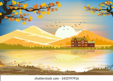 Panorama autumn landscape of countryside with beautiful sunset in evening.Vector illustration Cartoon farm field with reflection farmhouse and hills on the lake in fall season