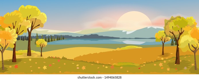 Panorama autumn landscape with yellow trees mountain and lake. Fantasy wonderland landscape in fall season. Vector illustration.