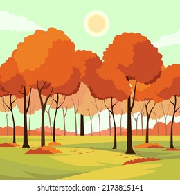 panorama of autumn season landscape with trees, hill, at the rural place in warm color